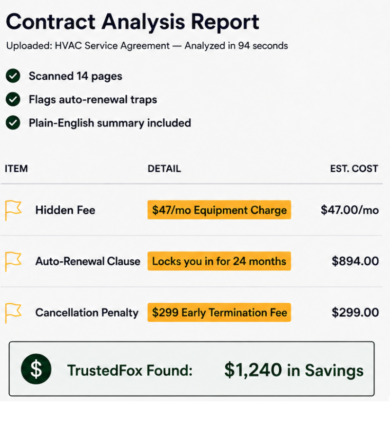 Example TrustedFox contract analysis report showing hidden fees, an auto-renewal clause, a cancellation penalty and $1,240 in total savings found